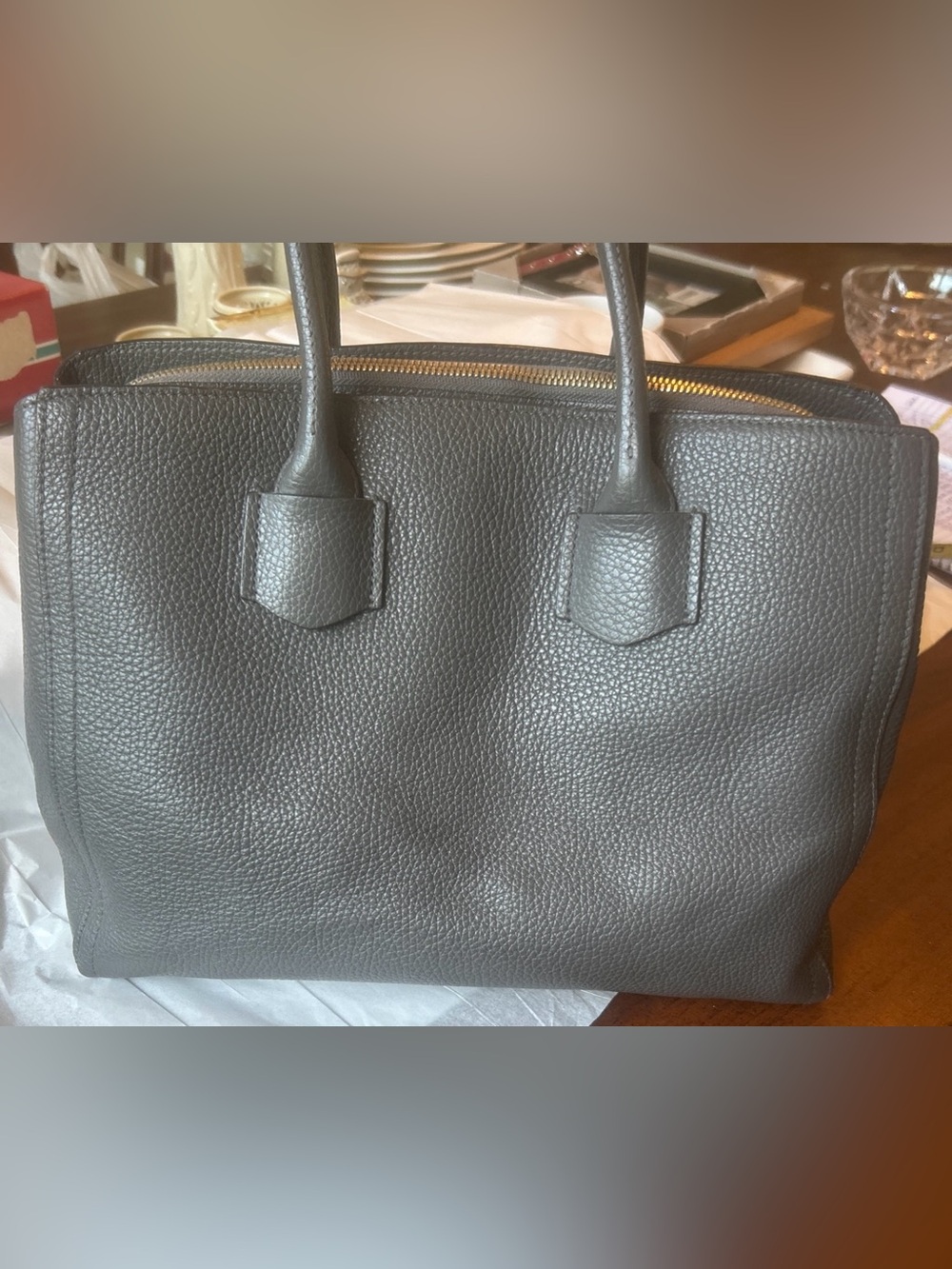 Furla Alba Dark Gray Pebbled Leather Tote with Gold Logo - Picture 3 of 11